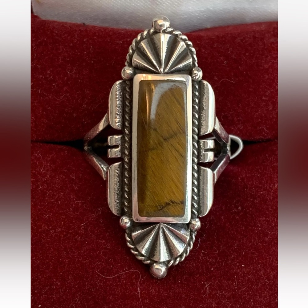 Tiger's Eye Sterling Silver Art Deco Statement Ring 925 Size 8